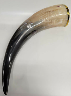 Buffalo Drinking Horn w Engraved Wolf and Brass Rim 13