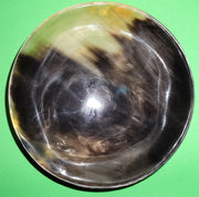 Polished buffalo horn bowl measuring 6" wide by 1 7/8" deep.