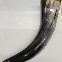 Buffalo Drinking Horn w Engraved Wolf and Brass Rim 13"