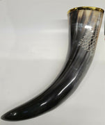 Buffalo Drinking Horn w Engraved Wolf and Brass Rim 13"