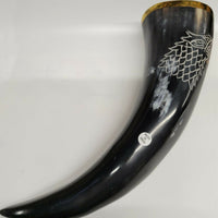 Buffalo Drinking Horn w Engraved Wolf and Brass Rim 12.5"