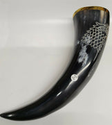 Buffalo Drinking Horn w Engraved Wolf and Brass Rim 12.5"