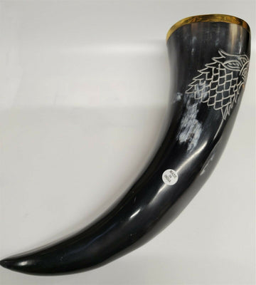 Buffalo Drinking Horn w Engraved Wolf and Brass Rim 12.5