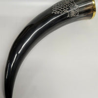 Buffalo Drinking Horn w Engraved Wolf and Brass Rim 13"