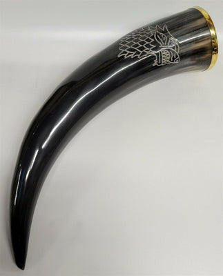 Buffalo Drinking Horn w Engraved Wolf and Brass Rim 13