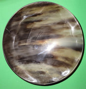 Polished buffalo horn bowl measuring 7" wide by 2 to 2-1/4" deep.