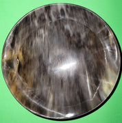 Polished buffalo horn bowl measuring 7" wide by 2 to 2-1/4" deep.
