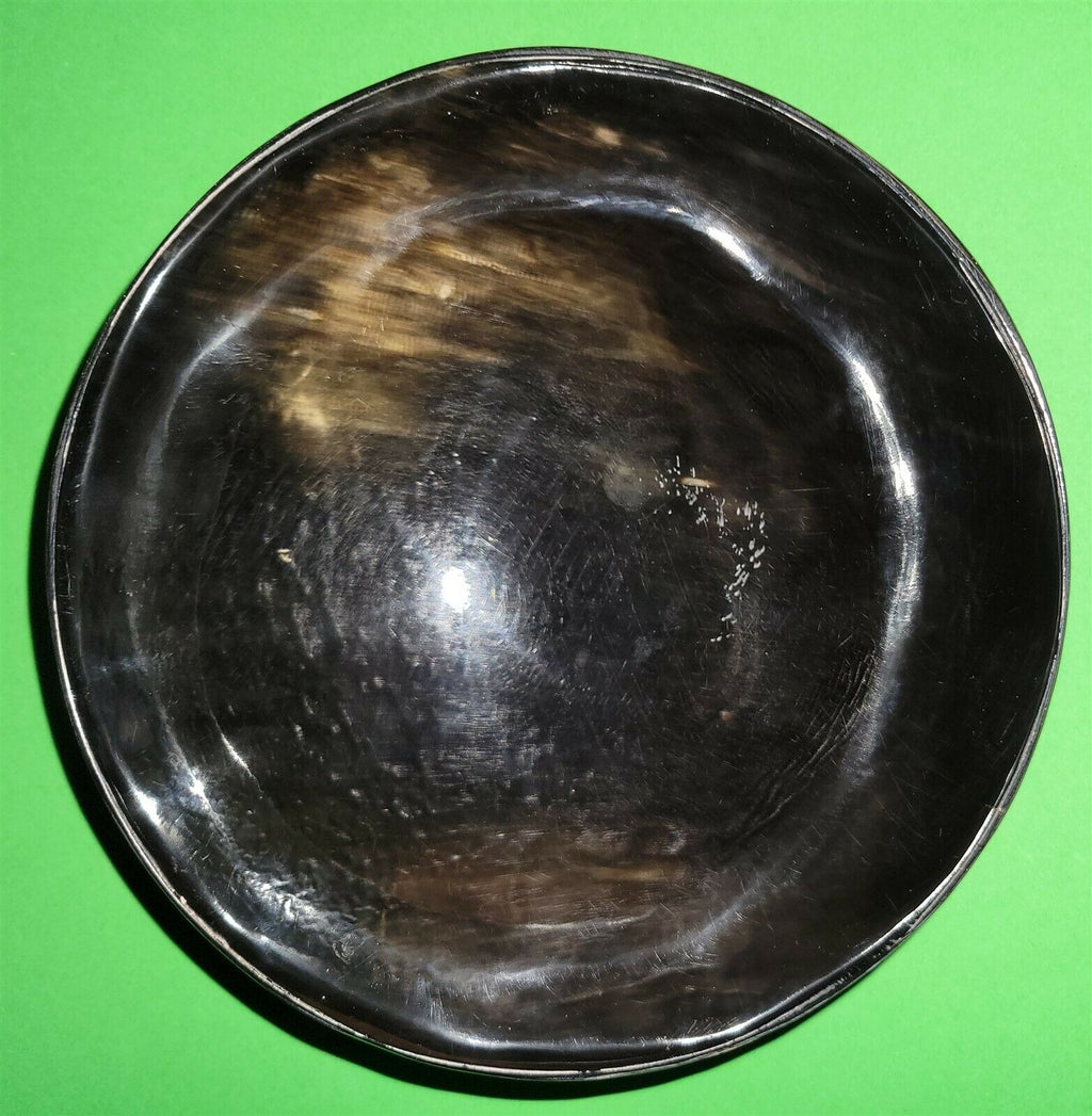 Polished buffalo horn bowl measuring 6" wide by 1 7/8" deep.