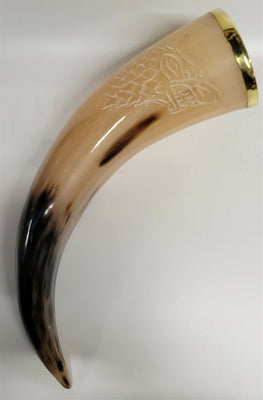 Buffalo Drinking Horn w Engraved Wolf and Brass Rim 10