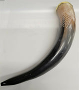 Buffalo Drinking Horn w Engraved Wolf and Brass Rim 12.5"