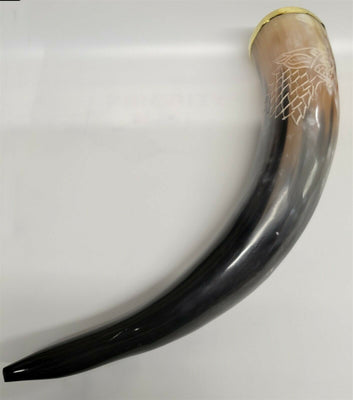 Buffalo Drinking Horn w Engraved Wolf and Brass Rim 12.5